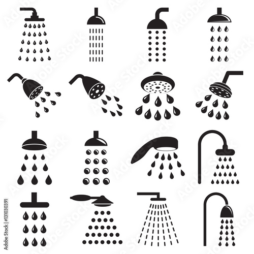 Collection of black shower icons isolated on a white background. Vector illustration