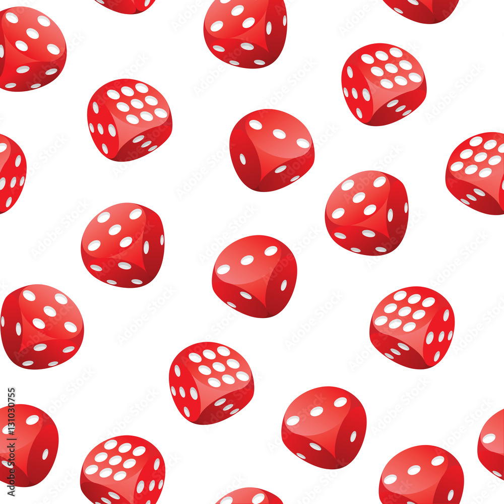 Seamless pattern of red gambling dices in motion randomly placed on white background. Adobe Illustrator EPS8 file. Seamless pattern of red gambling dices in motion randomly placed on white background. Adobe Illustrator EPS8 file.