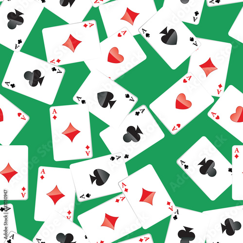 Seamless pattern of aces playing cards. Gambling repeating texture with randomly placed poker cards. EPS8 vector illustration.