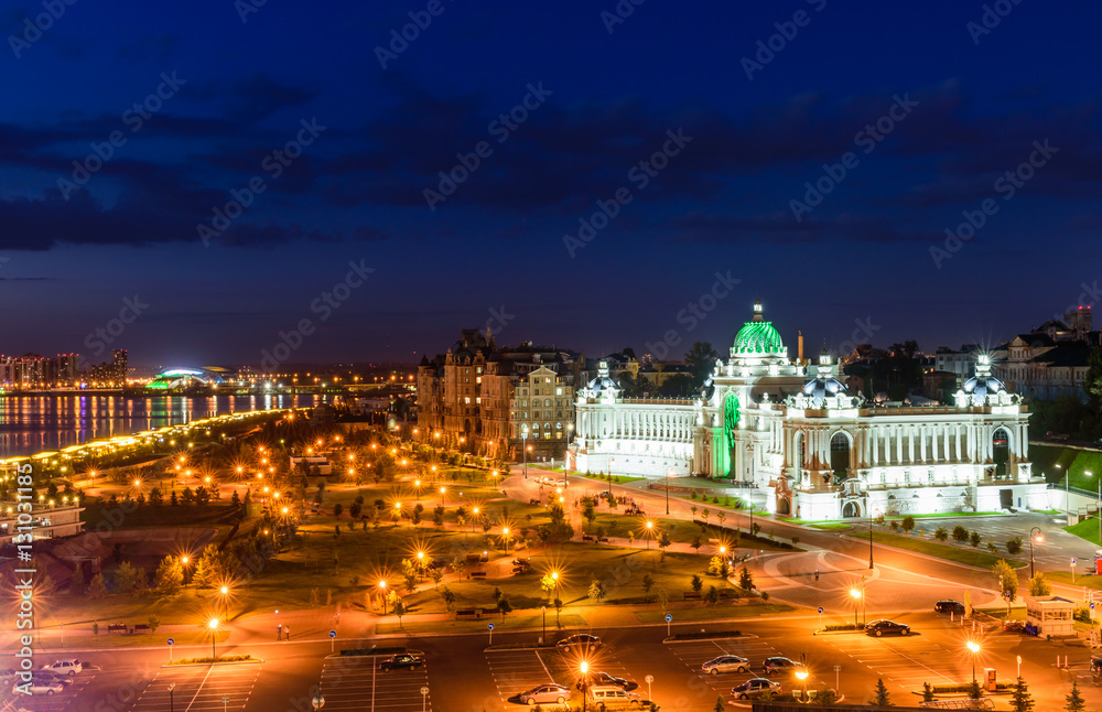 Beautiful night view of the embankment of the river Kazanka, farmers Park and the Palace of farmers (Ministry of agriculture), Kazan, Tatarstan, Russia