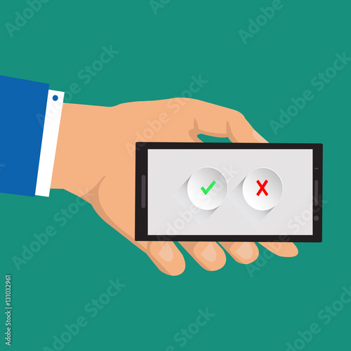 Approve and Reject Icons.Green checkmark and red cross on smartphone screens. Hand holding smartphone. Flat design vector illustration