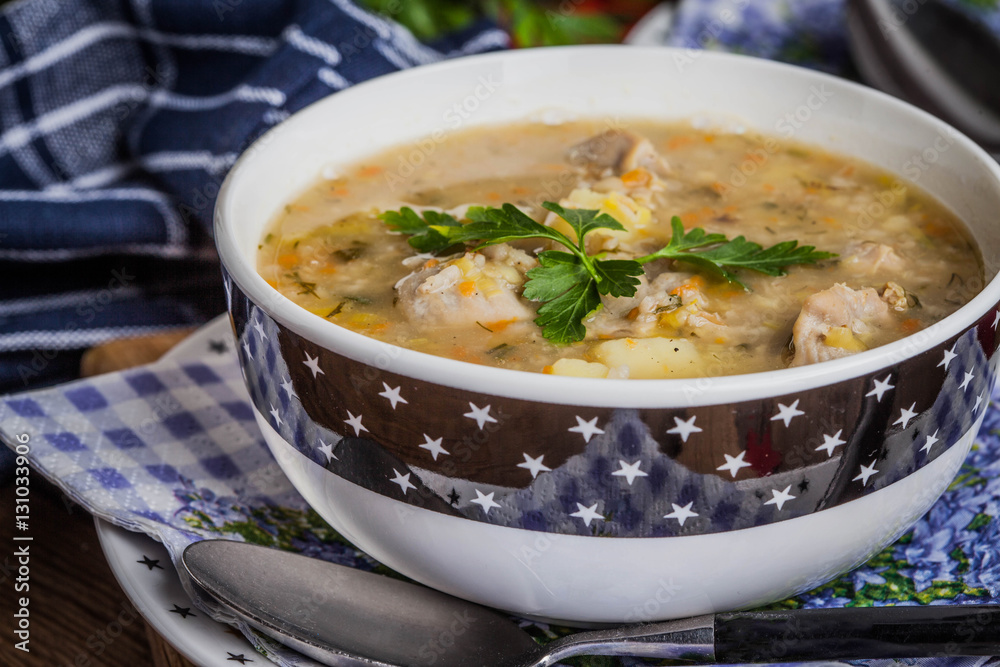 Soup with barley and chicken gizzards. Soup with barley and chicken gizzards.