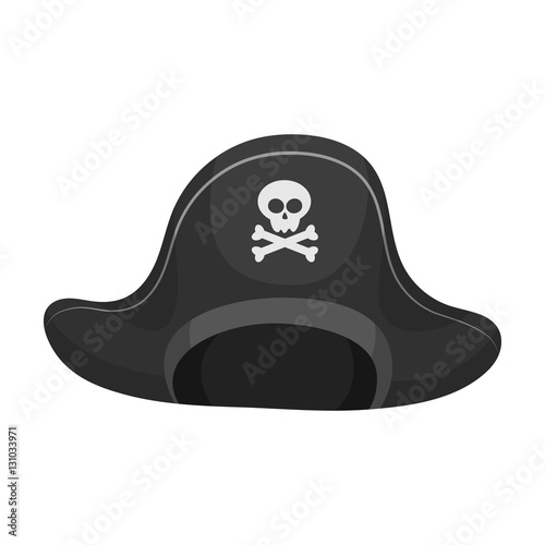 Pirate hat with skull icon in monochrome style isolated on white background. Pirates symbol stock vector illustration.