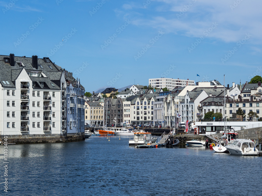 View of Brosundet Canal Marina in Alesund Norway