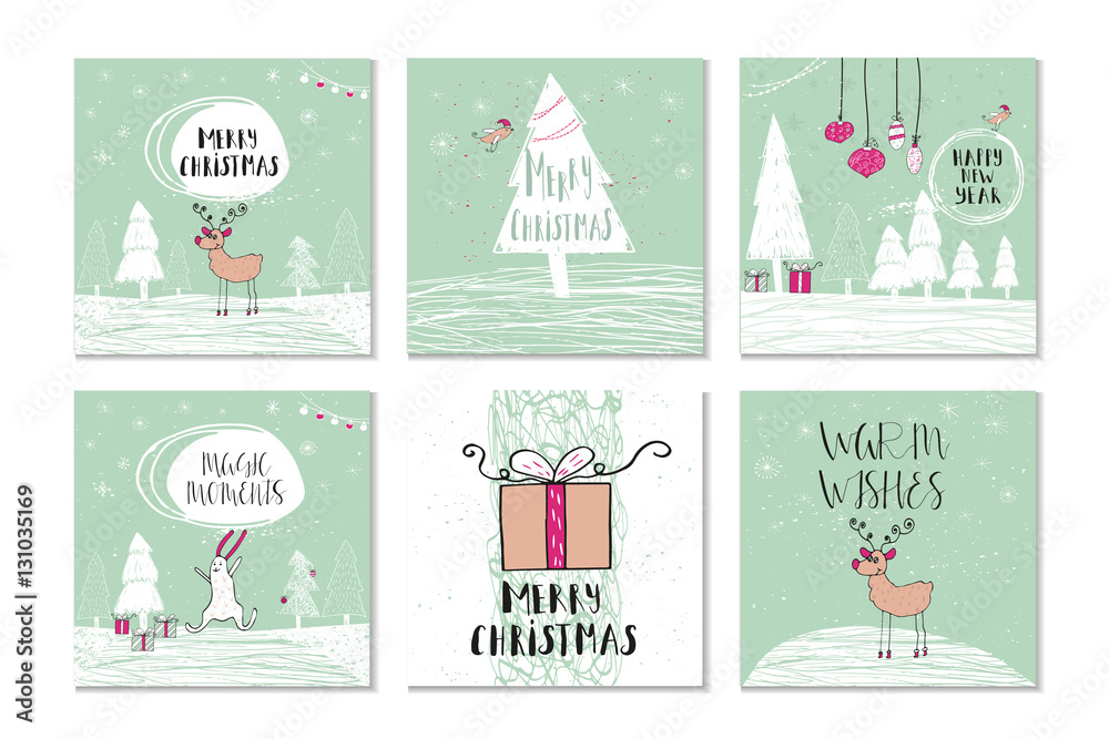 Set of 6 cute Christmas gift cards with quote Merry Christmas, merry and bright, warm wishes, magic moments. Easy editable template. Vector.