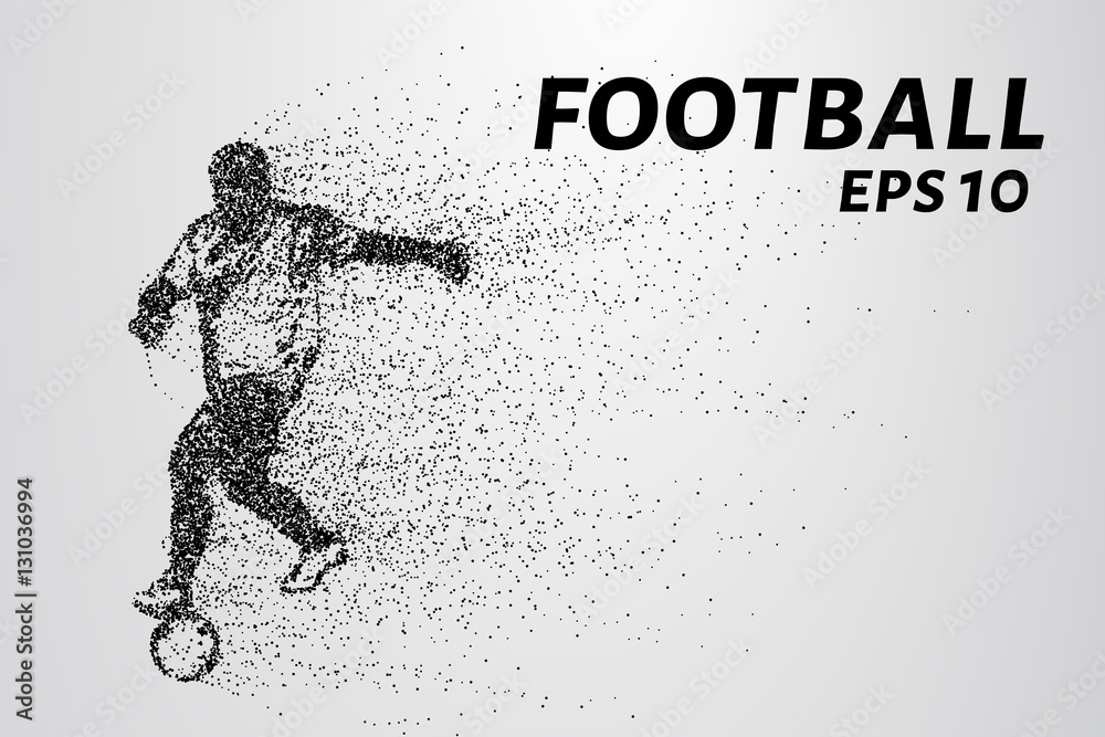 Fototapeta premium Football of the particles carries in the wind. Silhouette of a football player from circles.