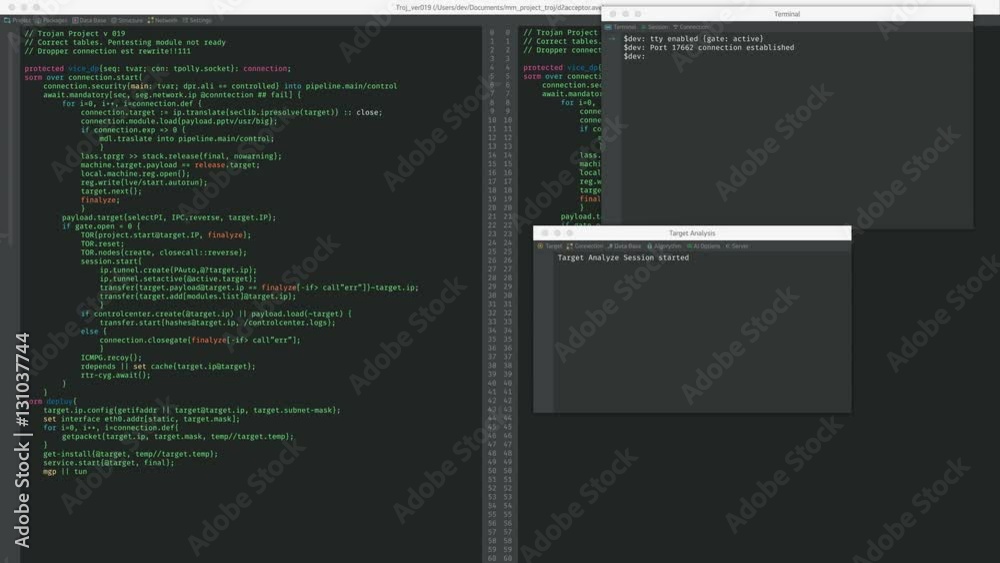 Hacking process on screen, strings of programming code running on display, theft. Computer screen with hacking in progress, professional cyber attack