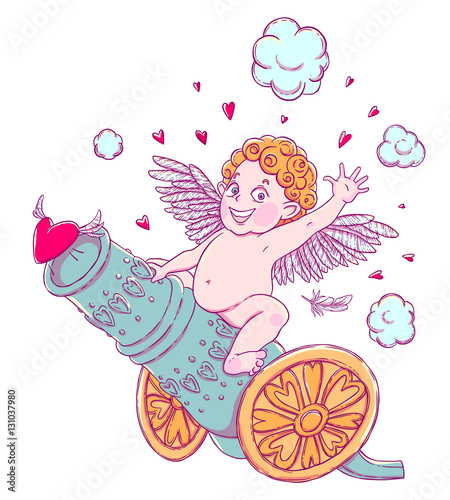 Valentine's day. Funny Cupid-boy riding on a cannon firing hearts. photo