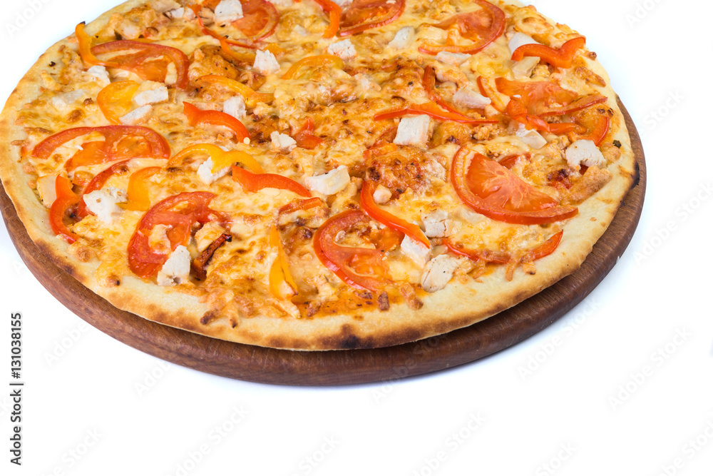 Pizza on light wooden background top view.