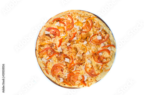 Pizza on light wooden background top view.
