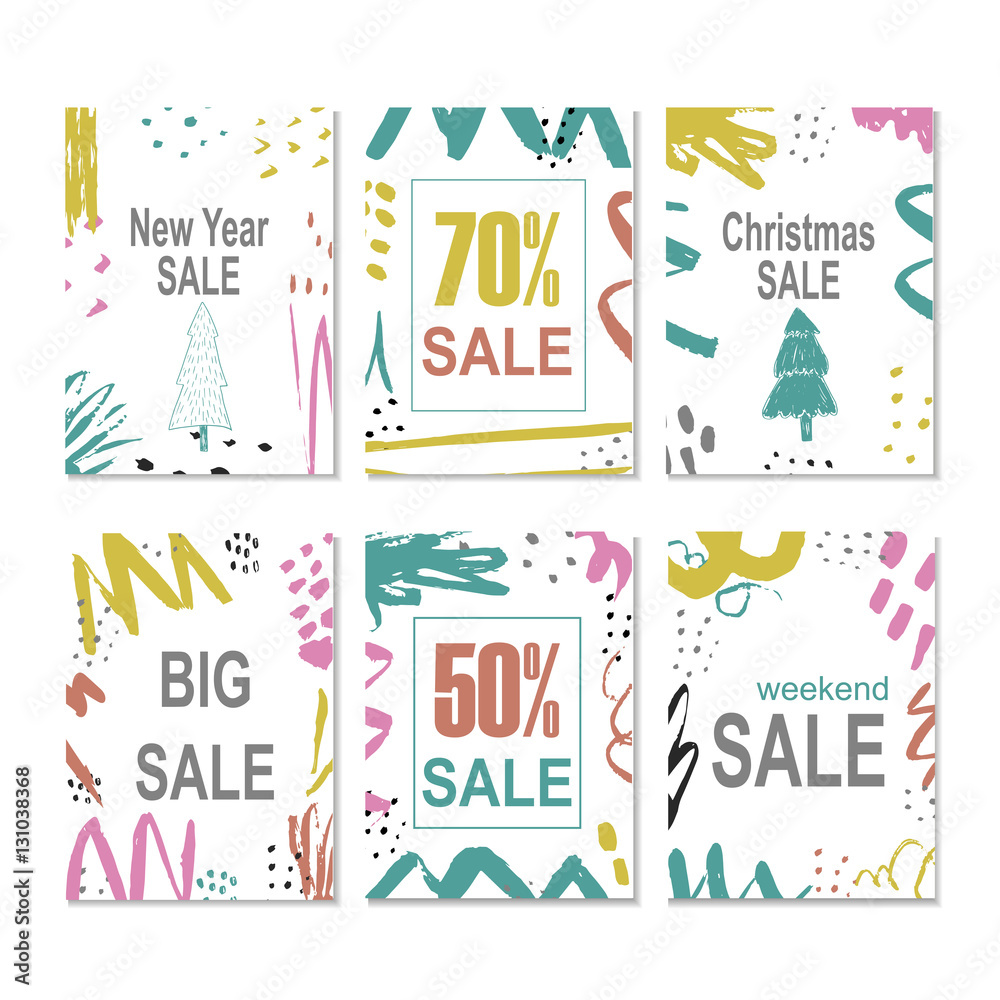 Set of 6 creative sale holiday website banner templates. Christmas and New Year hand drawn illustrations for social media banners, posters, email and newsletter designs, ads, promotional material.