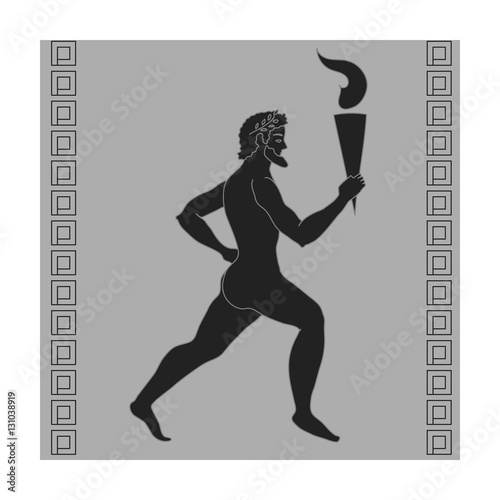 Athlete with olympic fire icon in monochrome style isolated on white background. Greece symbol stock vector illustration.