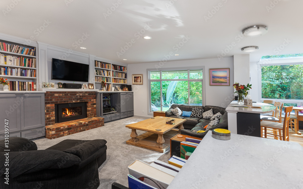 Fire lit in the remodeled family room Fire lit in the remodeled family room
