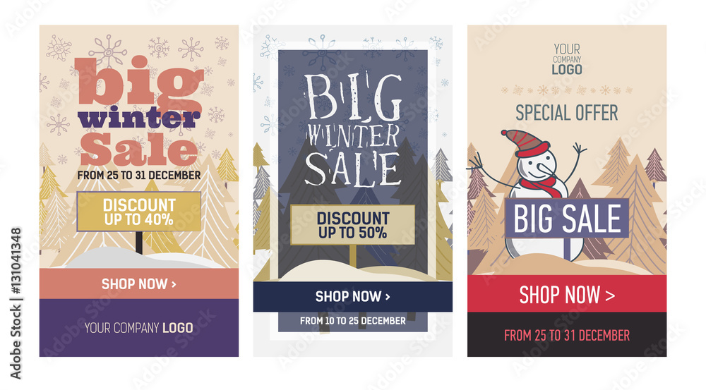 Obraz premium Set web Banner winter sale, discount with tree, snowman and snowflakes
