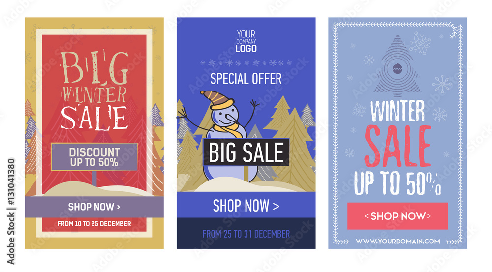 Set web Banner winter sale, special offer with tree, snowman and snowflakes