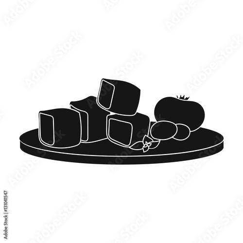 Diced cheese feta with tomatoes and olives on the cutting board icon in black style isolated on white background. Greece symbol stock vector illustration.