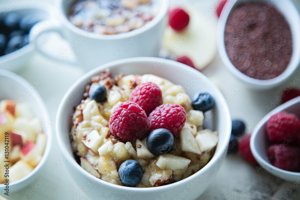bowl of cooked red quinoa with berries and apple breakfast in a bowl of cooked red quinoa with berries and apple breakfast in a
