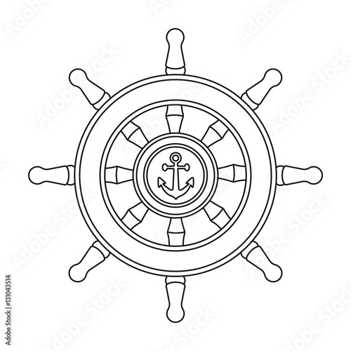 Wooden ship steering wheel icon in outline style isolated on white background. Pirates symbol stock vector illustration.