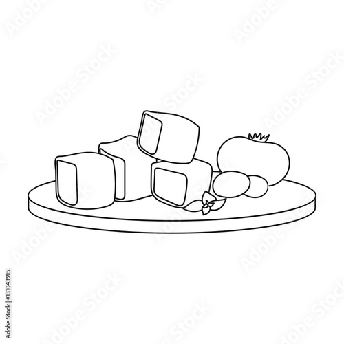 Diced cheese feta with tomatoes and olives on the cutting board icon in outline style isolated on white background. Greece symbol stock vector illustration.