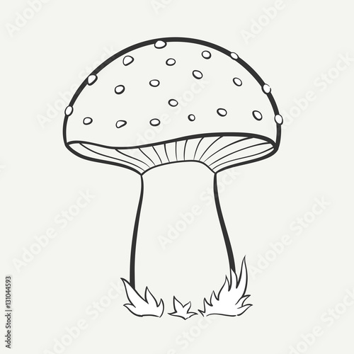 Cartoon black and white hand-drawn image of a spotted mushroom. Vector graphics.