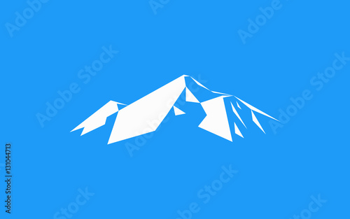 Snow mountains peak (Everest) logo. Can be used as sports badge, emblem of mineral water, tourism banner, travel icon, sign, decor... Blue background.