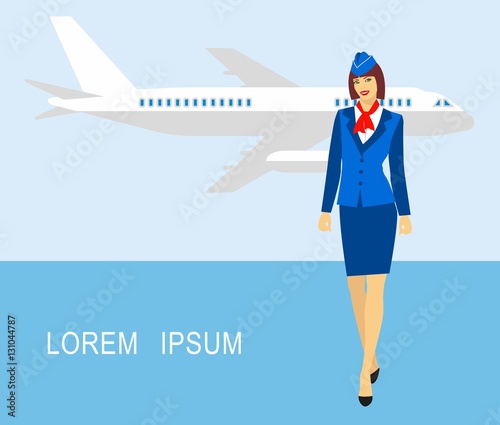 Illustration of stewardess dressed in blue uniform against the backdrop of the aircraft