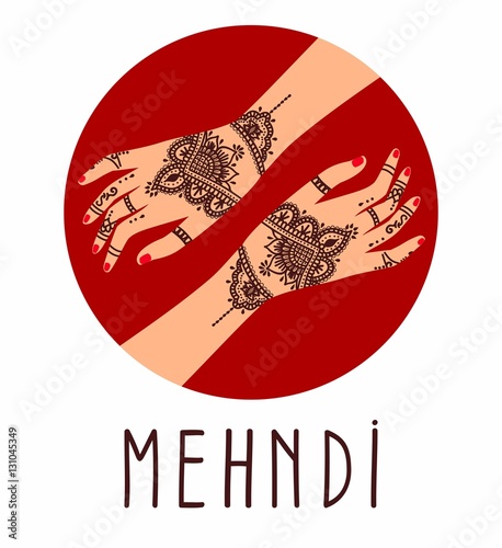 Element yoga mudra hands with mehendi patterns. Vector illustration for a yoga studio, tattoo, spas, postcards, souvenirs. Indian traditional lifestyle.