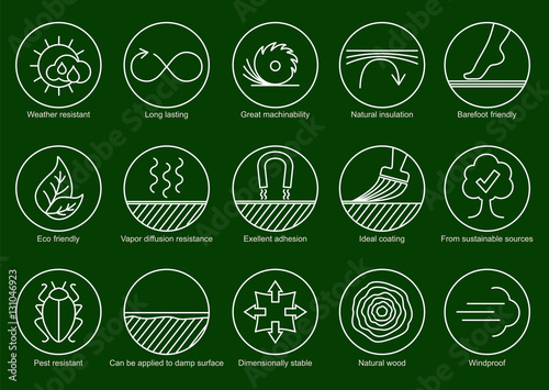 Wood properties icons. Vector thine line icon set. Circles.