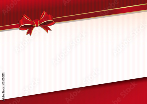 Celebratory background with red ribbon and bow for solemn event. Template for greeting card. Vector illustration