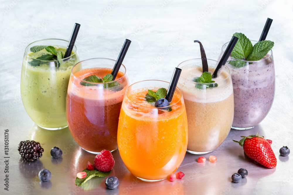 Selection of fresh juice garnish decoration isolated new start healthy living diet detox