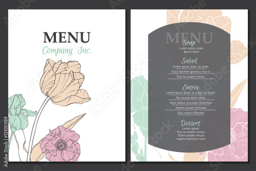 Vector menu template design with vintage floral elements tulip, poppy, daffod...