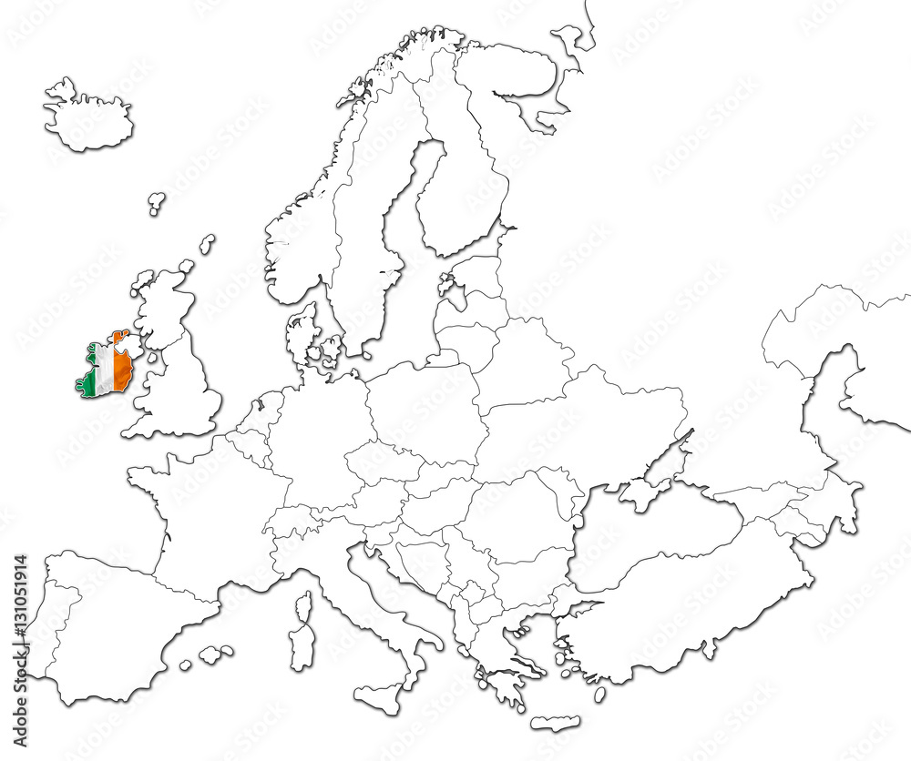 Obraz premium The national Ireland flag in the map of Europe isolated on white background.