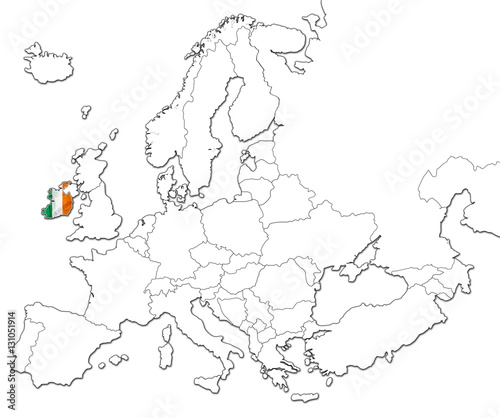 The national Ireland flag in the map of Europe isolated on white background.