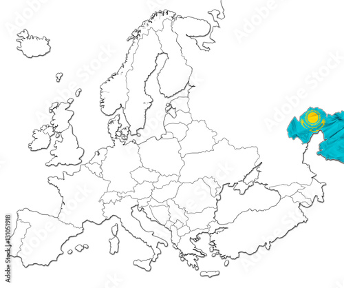 The national Kazakhstan flag in the map of Europe isolated on white background.