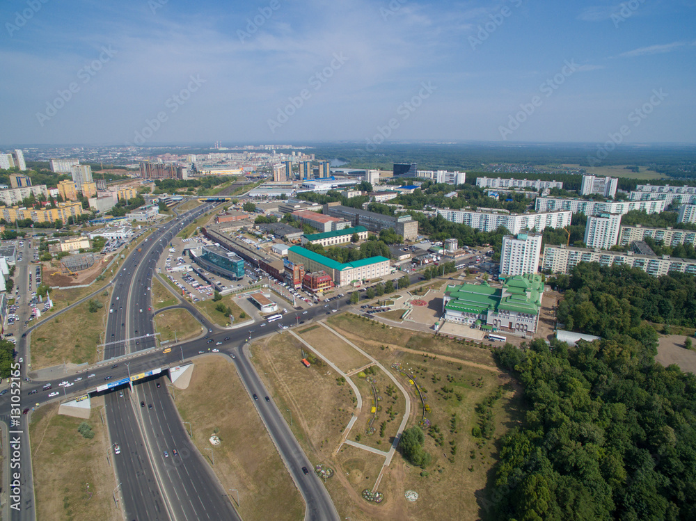 Aerial view of city Ufa from river, village, park, plant