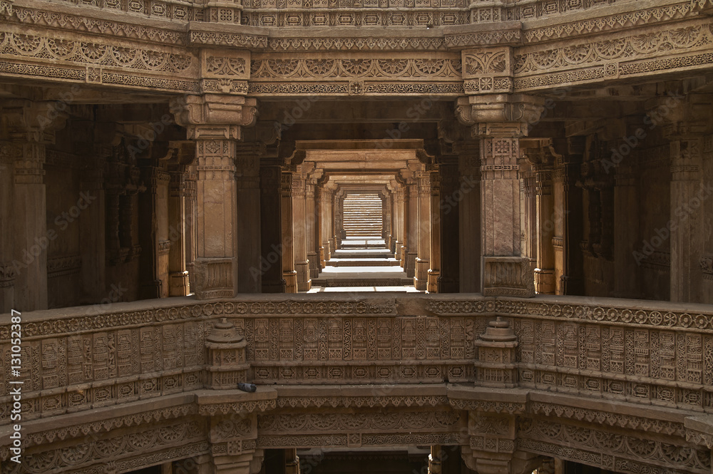 Ornately carved stonework of the Adalaj Stepwell on the outskirts of Ahmadabad, Gujarat, India. Built circa 1499.