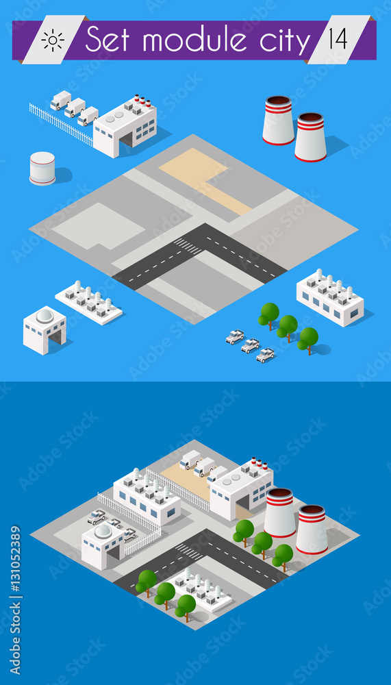 Building 3D industry construction for isometric infographics of flat design with urban landscape and industrial factory buildings and vector illustration