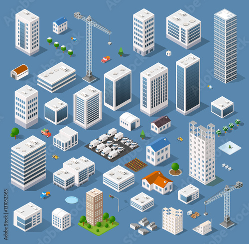 Isometric view of skyscraper office buildings and residential construction area