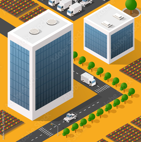 Isometric view of skyscraper office buildings and residential construction area