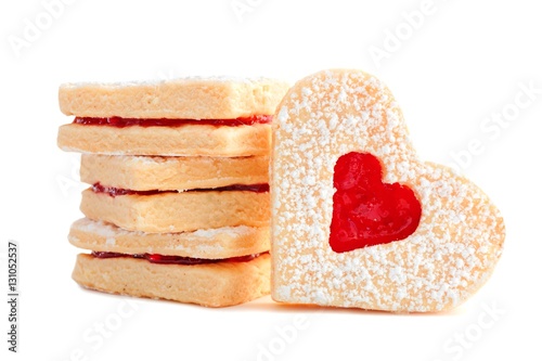 Group of Valentines Day heart shaped cookies with jelly isolated on a white background photo