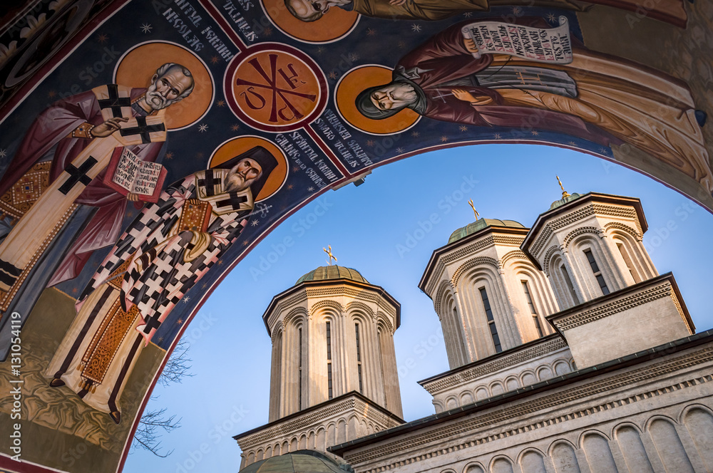Radu Voda Monastery on a cloudy day in the heart of Bucharest Romania, is a Romanian Orthodox church build in 1577 that contains a vast number of icons consistent with the Orthodox iconographic style