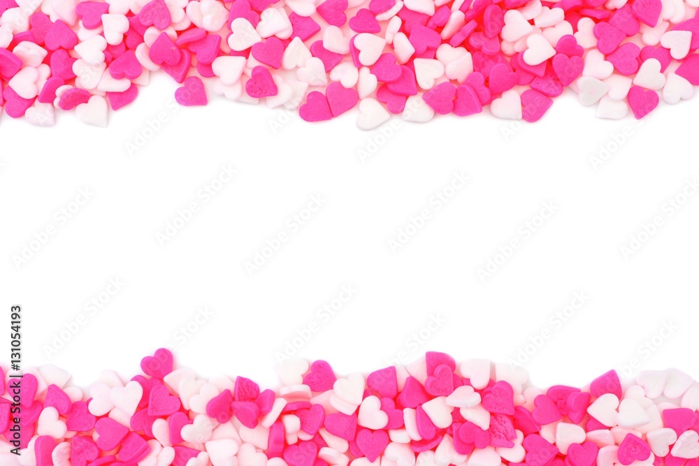 Valentines Day pink and white heart candy sprinkles double border over white