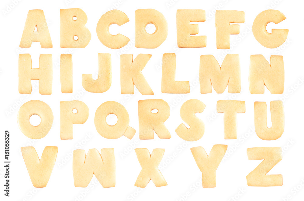 Set of tasty cookies letters on white background