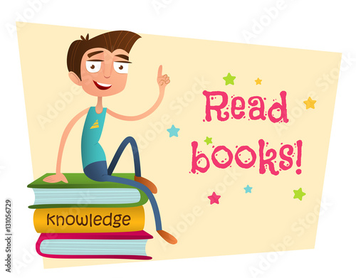 Read books Banner. Cute boy teenager sitting on a pile of books and waving. flat style vector illustration isolated on white background. Smart kid.