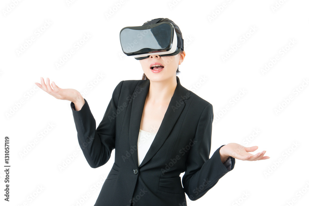 asian business woman question about VR headset glasses device asian business woman question about VR headset glasses device