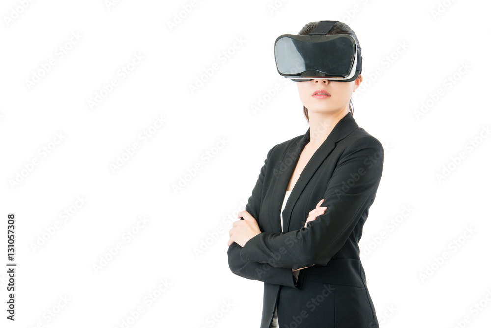 success business woman cross arms with VR headset glasses success business woman cross arms with VR headset glasses