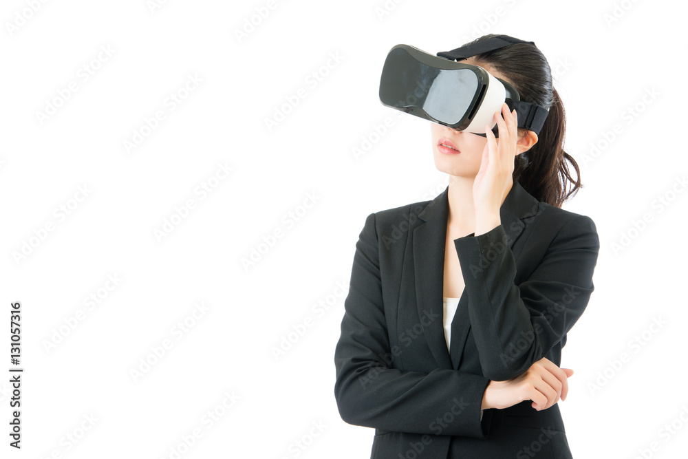 asian business woman question about VR headset glasses device asian business woman question about VR headset glasses device