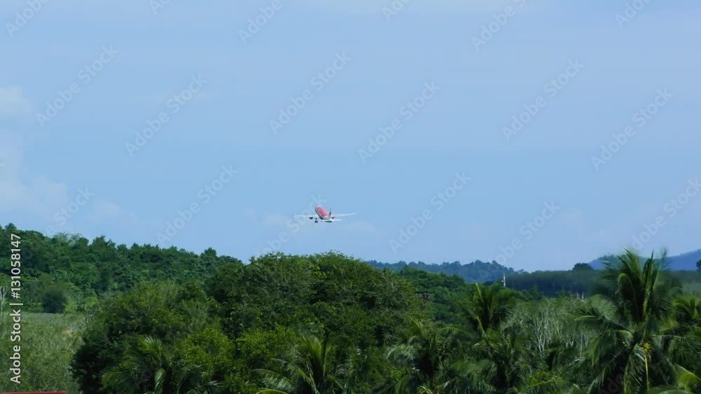 Take off airplane over tropical forest Take off airplane over tropical forest