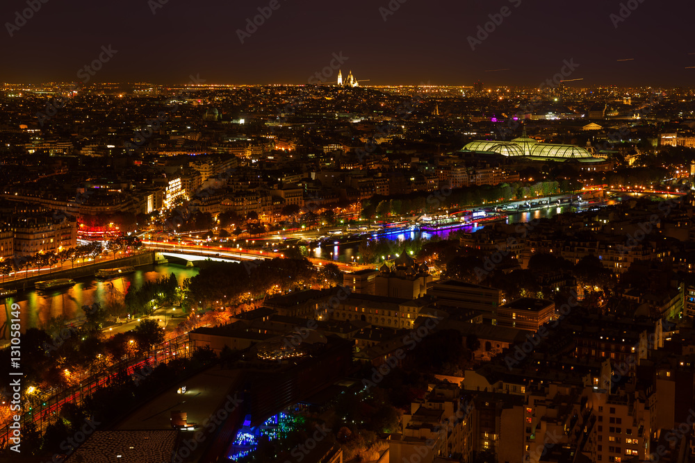 aerial view of Paris, France, at night