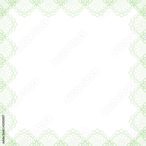 Square border frame, abstract guilloche lace contour on white (transparent) background. Vector illustration for invitations, banknotes, diplomas, certificates, tickets and other papers security design